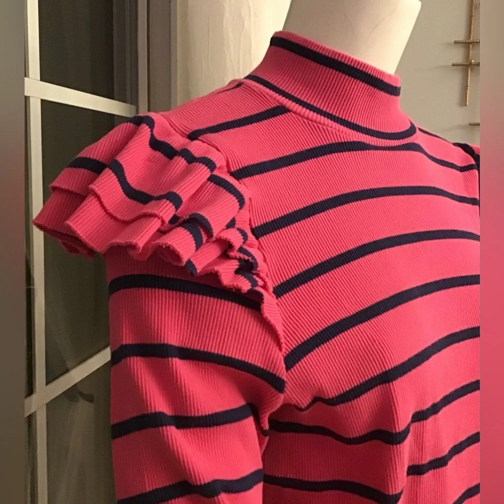 T.La Anthropologie Vibrant Pink Navy Stripe Ruffle Turtleneck Pullover Woman XL - Picture 2 of 11